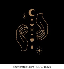 Mystical celestial illustration with hands, stars, planets and geometric elements. Hand and celestial elements. Vector vintage elements for t-shirt, poster design, flash tattoo, sticker 