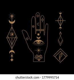 Mystical celestial illustration with hands, stars, planets and geometric elements. Hand and celestial elements. Vector boho vintage elements for t-shirt, poster design, flash tattoo, sticker