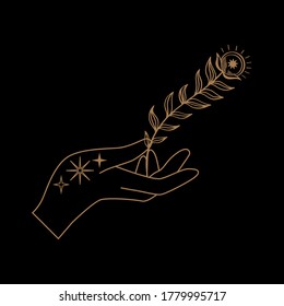 Mystical celestial illustration with hands, stars, planets and geometric elements. Hand and celestial elements. Vector boho vintage elements for t-shirt, poster design, flash tattoo, sticker