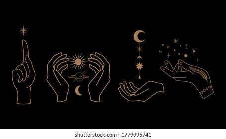 Ilustración celestial mística con manos, estrellas, planetas y elementos geométricos. Cuerpos de mano y celestiales. Elementos vectores vintage para camiseta, diseño de afiches, tatuaje flash, pegatina, parche o impresión