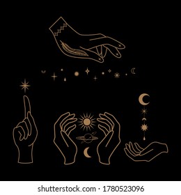 Mystical celestial illustration with hands, stars, planets and geometric elements. Hand and celestial bodies. Vector vintage elements for t-shirt, poster design, flash tattoo, sticker, patch or print