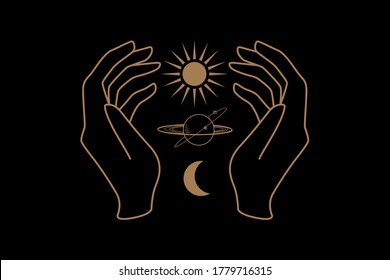 Mystical celestial illustration with hands, sun, planet and moon. Hand and celestial elements. Vector vintage elements for t-shirt, poster design, flash tattoo, sticker, patch or print