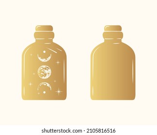Mystical celestial jars with moon, stars and planets.   Esoteric  design elements. Golden bottles silhouette  isolated on white. Hand drawn vector witchcraft symbol.