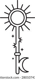 Mystical celestial key illustration combining sun, moon, and star elements in a minimalist line art style, symbolizing enlightenment, cosmic secrets, and spiritual awakening.