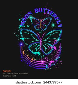 Mystical celestial label with butterfly, stars, paint brush strokes, splattered paint. Glowing neon fluorescent colors, text. Virtual surreal nature. Outline, contour illustrations.