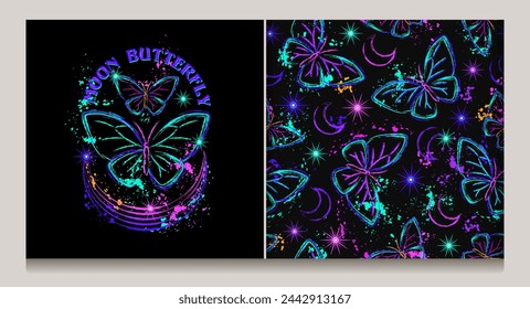 Mystical celestial label, seamless pattern with butterfly, stars, paint brush strokes, splattered paint. Glowing neon fluorescent colors, text. Mystic surreal concept. Outline, contour illustrations.