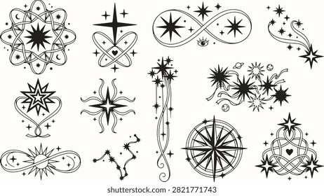 Mystical celestial line art designs with stars hearts and infinity motifs arranged on white background showcasing cosmic symbolic artistic mood