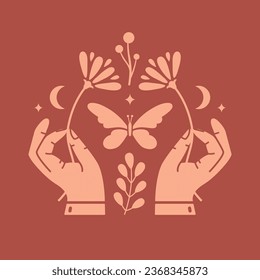 Mystical and celestial minimalist graphic illustration with hands holding flowers, crescent, butterfly, leaves, plants. Clip art with alchemy esoteric magical elements. Spiritual talisman.