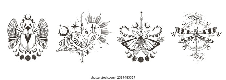 Mystical celestial moth, beetle, dragonfly and snail clip art bundle, magic black and white insects line silhouettes in vector, unreal hand drawn isolated elements kit