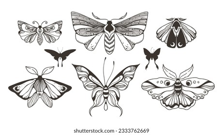 Mística de polilla celeste y mariposa de clipart, siluetas mágicas de insectos negros y blancos en vectores, polilla nocturna dibujada a mano irreal, paquete de elementos aislados