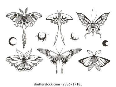 Mystical celestial moth and butterfly clipart bundle, magic black and white insects silhouettes in vector, unreal hand drawn night moth, isolated elements pack