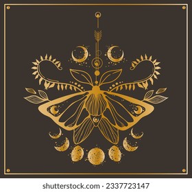 Mystical celestial moth or butterfly clipart, magic insect silhouette in gold foil texture, hand drawn line moth with floral decorative fern leaves, branches, moon phases vecttor isolated composition