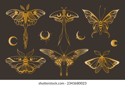 Mystical celestial moth and butterfly clipart bundle in golden foil texture, magic golden colored insects silhouettes in vector, unreal hand drawn night moth, isolated design elements set