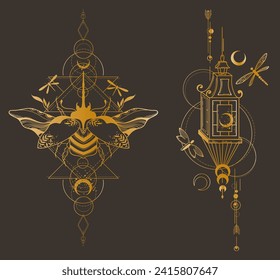 Mystical celestial moth and butterfly clipart bundle in golden foil texture, magic golden insects silhouettes in vector, unreal hand drawn night moth, isolated elements set