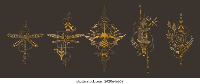 Mystical celestial moth and butterfly clipart bundle in golden foil texture, magic golden insects silhouettes in vector, unreal hand drawn night moth, isolated elements set