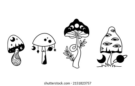 Mystical celestial mushroom isolated clip art bundle, space hand drawn line mushrooms, moon and stars, witchy amanita silhouettes - black and white vector