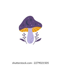 Mystical celestial mushroom with moon, floral elements. Magical fungus vector illustration. Hand drawn witchy clipart isolated on white. Whimsical fantasy plant for poster, card.