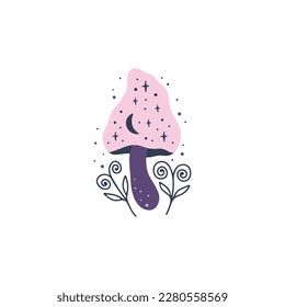 Mystical celestial mushroom with moon, floral elements. Magical fungus amanita, toadstool vector illustration. Hand drawn witchy clipart isolated on white. Whimsical fantasy plant for poster, card.