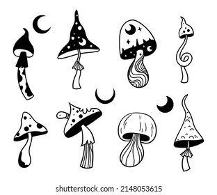 Mystical celestial mushrooms isolated clip art bundle, magic line mushrooms on white, witchy amanita or fly agaric fungus, floral black and white vector