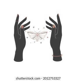 Mystical celestial night butterfly between woman hands. Spiritual elegant moth for branding name logo. Esoteric magic Vector illustration