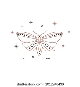 Mystical celestial night butterfly. Spiritual elegant moth for branding name logo. Esoteric magic tatoo. Vector illustration