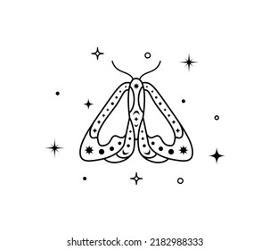 Mystical celestial night butterfly. Spiritual elegant moth for branding name logo and witchcraft shop and cosmetical salon. Esoteric magical temporary tattoo. Outline Vector illustration