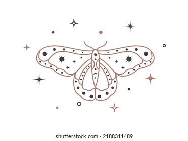 Mystical celestial outline moth with stars line art. Spiritual elegant butterfly for branding name logo cosmetical salon and shop. Esoteric magical temporary tattoo. Doodle Vector illustration