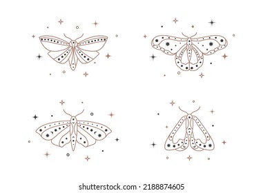 Mystical celestial outline set moths with stars line art. Spiritual elegant butterflies for branding name logo cosmetical salon and shop. Esoteric magical temporary tattoo. Doodle Vector