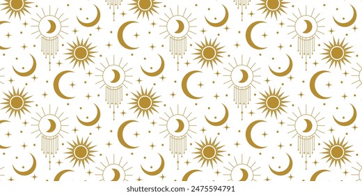 Mystical Celestial Pattern: A seamless pattern featuring mystical celestial symbols, including suns, moons, and stars, in gold on a white background. Perfect for fabric, wallpaper, or gift wrap design