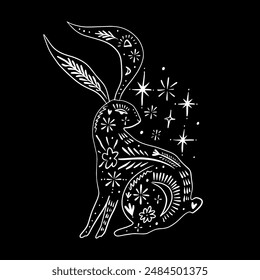 Mystical celestial patterned rabbit or hare, set of vector ornate design elements. Abstract decor apparel branding in hand-drawn folk rustic patterned minimal style, good for hand crafted local brand