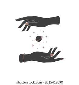 Mystical celestial planet between woman hands. Spiritual mystical symbol for branding name logo. Esoteric magic Vector illustration