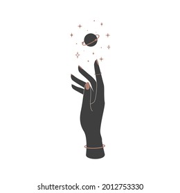 Mystical celestial planet over woman hand. Spiritual mystical symbol for branding name logo. Esoteric magic Vector illustration