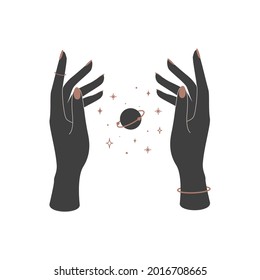 Mystical celestial planet saturn over woman hands. Spiritual mystical symbol for branding name logo. Esoteric magic Vector illustration.