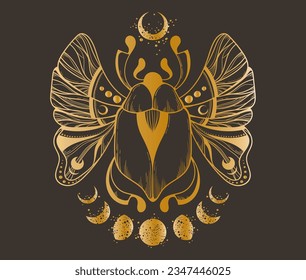Mystical celestial scarab beetle and moon phases clipart in gold foil texture, magic space insect and crescent silhouettes in vector, unreal hand drawn bug isolated design for t-shirt or card print svg
