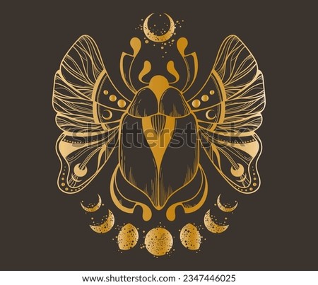 Mystical celestial scarab beetle and moon phases clipart in gold foil texture, magic space insect and crescent silhouettes in vector, unreal hand drawn bug isolated design for t-shirt or card print