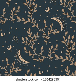 Mystical And Celestial Seamless Boho Vector Pattern. Esoteric Crescent Moon And Floral Background.