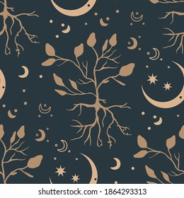 Mystical And Celestial Seamless Boho Vector Pattern. Esoteric Crescent Moon And Floral Background.