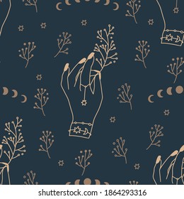Mystical and Celestial Seamless boho vector pattern. Esoteric floral background with woman hand.
