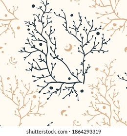 Mystical and Celestial Seamless boho vector pattern. Esoteric crescent moon and floral background.