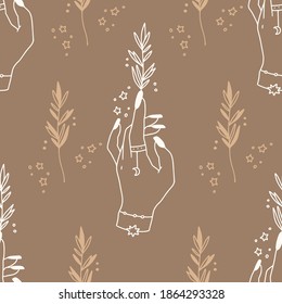 Mystical and Celestial Seamless boho vector pattern. Esoteric floral background with woman hand.