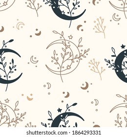 Mystical And Celestial Seamless Boho Vector Pattern. Esoteric Moon And Star Floral Background.