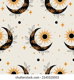 Mystical and celestial seamless boho vector pattern. Esoteric moon and star floral background.