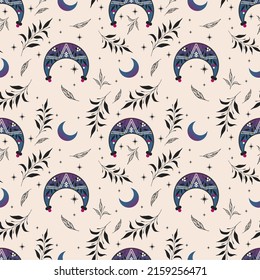 Mystical and celestial seamless boho vector pattern. Esoteric moon and star floral background.