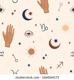 Mystical and Celestial Seamless pattern with eyes, stars, Palm and zodiac elements. Esoteric background Vector.