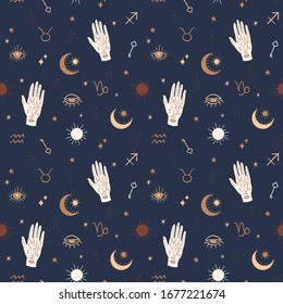 Mystical And Celestial Seamless Pattern With Eyes, Stars, Palm And Zodiac Elements. Occult , Esoteric Background Vector In Navy.