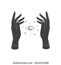 Mystical celestial shining eye between woman hands. Spiritual elegant symbol for branding name logo. Esoteric magic Vector illustration