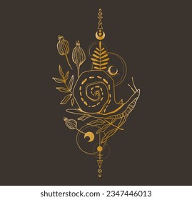 Mystical celestial snail, flowers and leaves, moon and stars clip art, space magic black and white insect silhouettes in vector, unreal hand drawn print for t-shirt, poster, cards