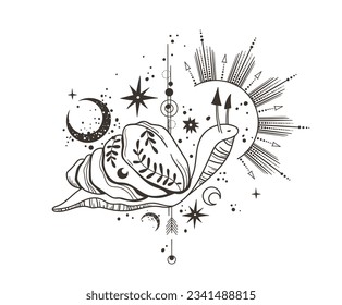 Mystical celestial snail, sun and moon shining, space magic black and white insect and sky bodies silhouettes in vector, unreal hand drawn isolated design element for t-shirt, poster, postcards