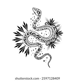 Mystical celestial snake tattoo design featuring elegant foliage and intricate doodle patterns