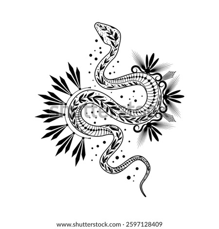 Mystical celestial snake tattoo design featuring elegant foliage and intricate doodle patterns